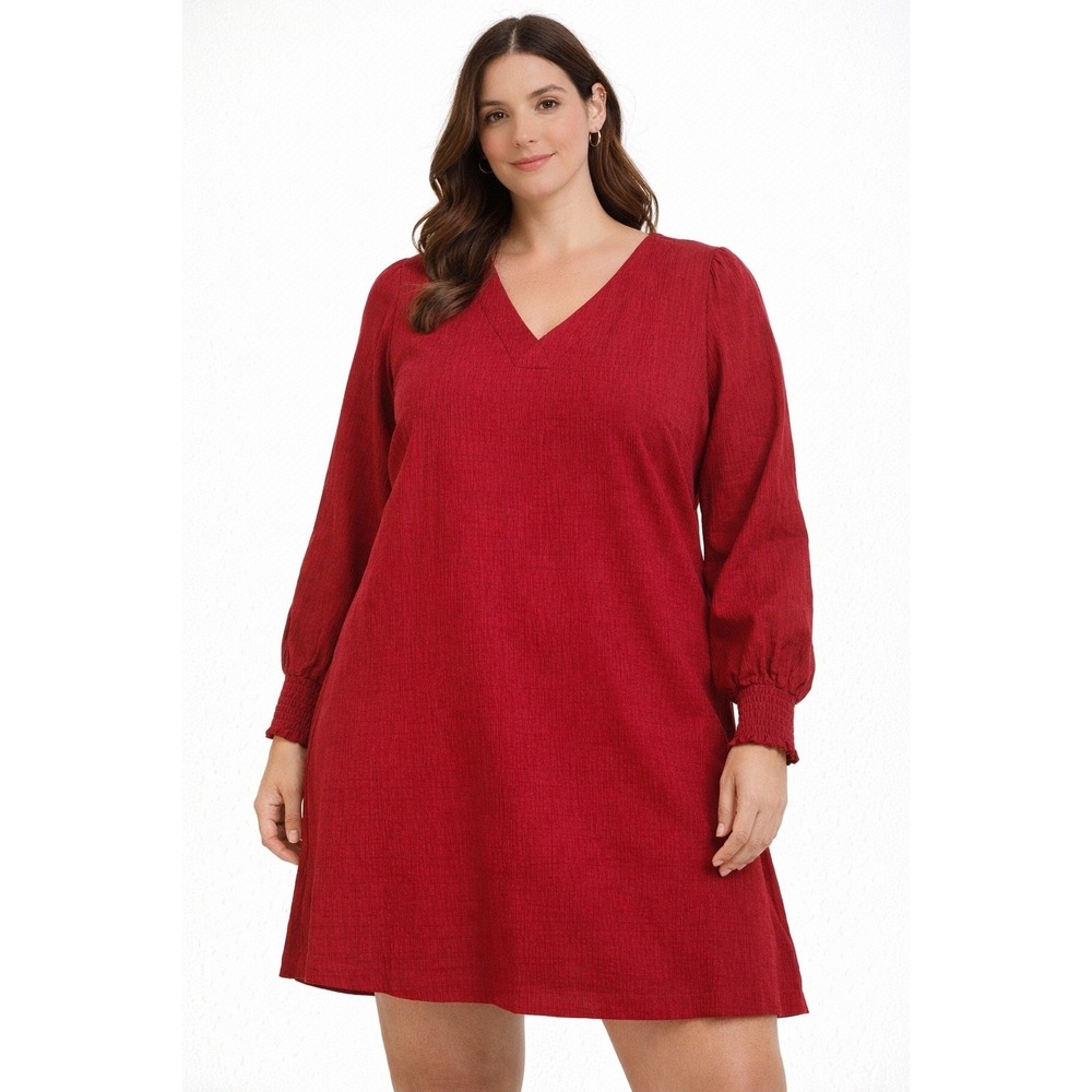 BB Dakota Steve Madden Red Textured Puff Sleeve Smocked Cuff V Neck Mini Dress L